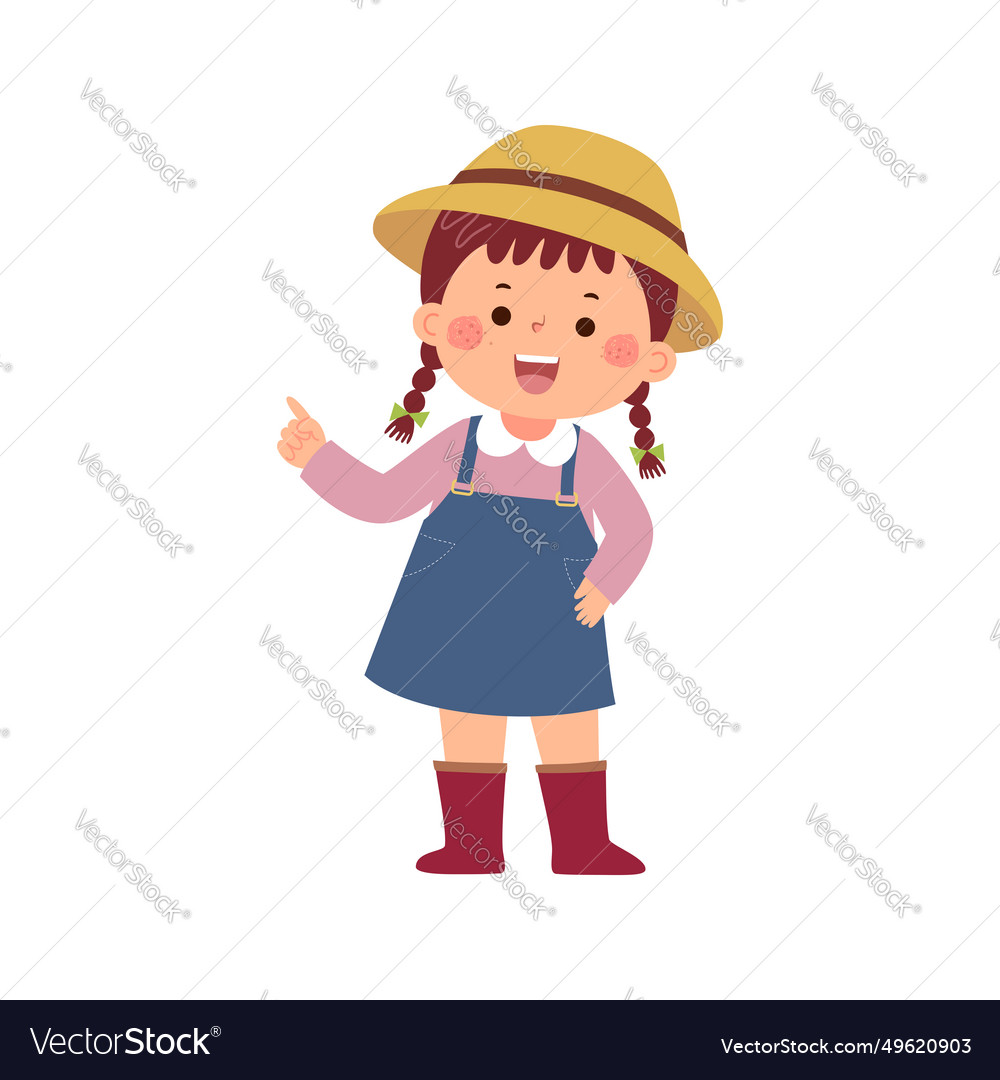 Little girl farmer or gardener pointing finger Vector Image