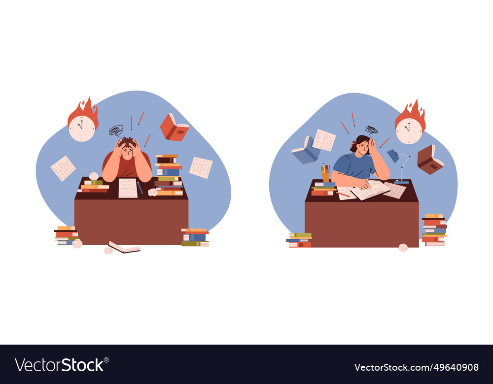 Stress exam preparation with textbook pile scared Vector Image