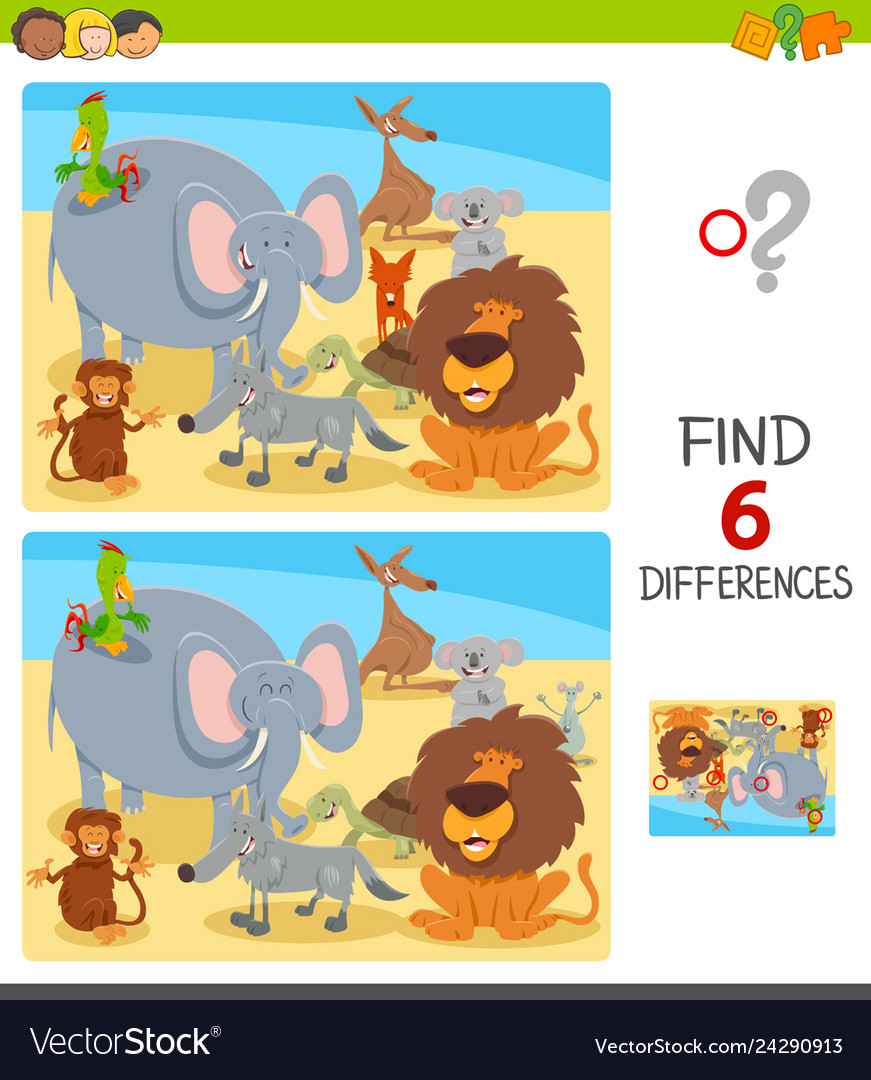 Differences game with cartoon animal characters