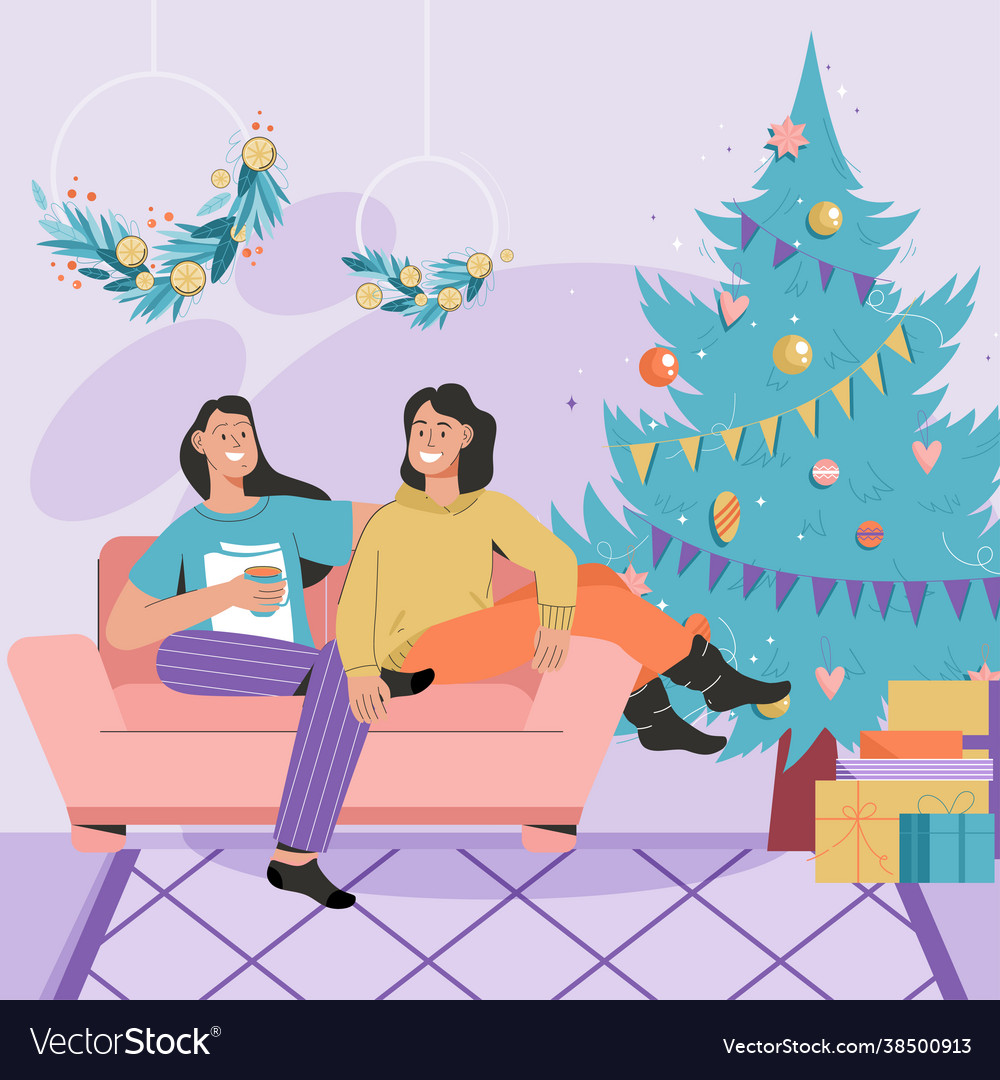 Happy women celebrate christmas together at home Vector Image