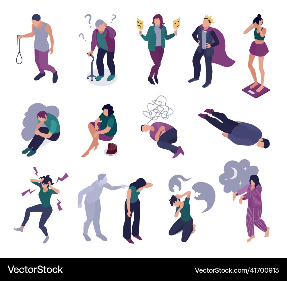 Isometric mental disorders icon set Royalty Free Vector