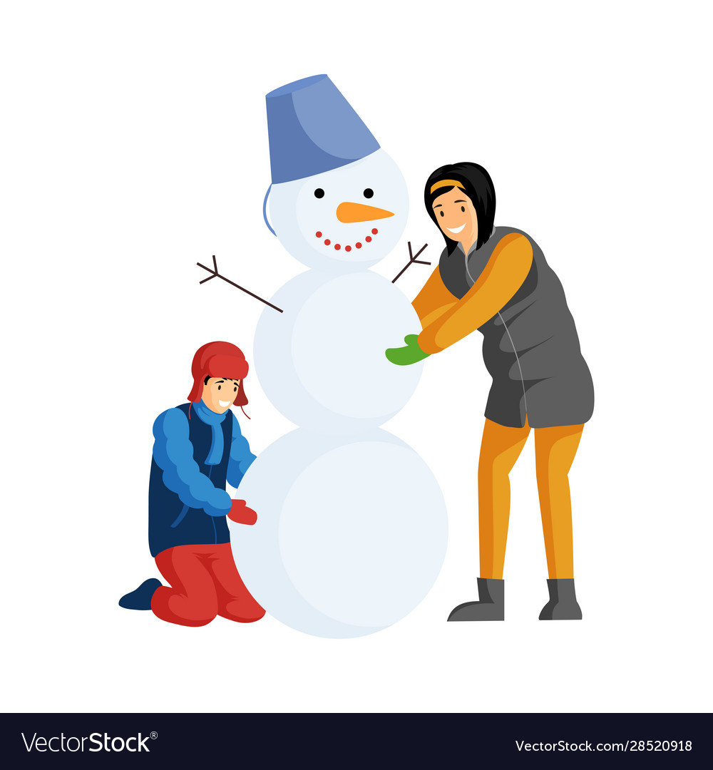 Kids making snowman flat color Royalty Free Vector Image