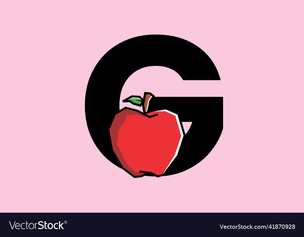 G initial letter with red apple in stiff art style