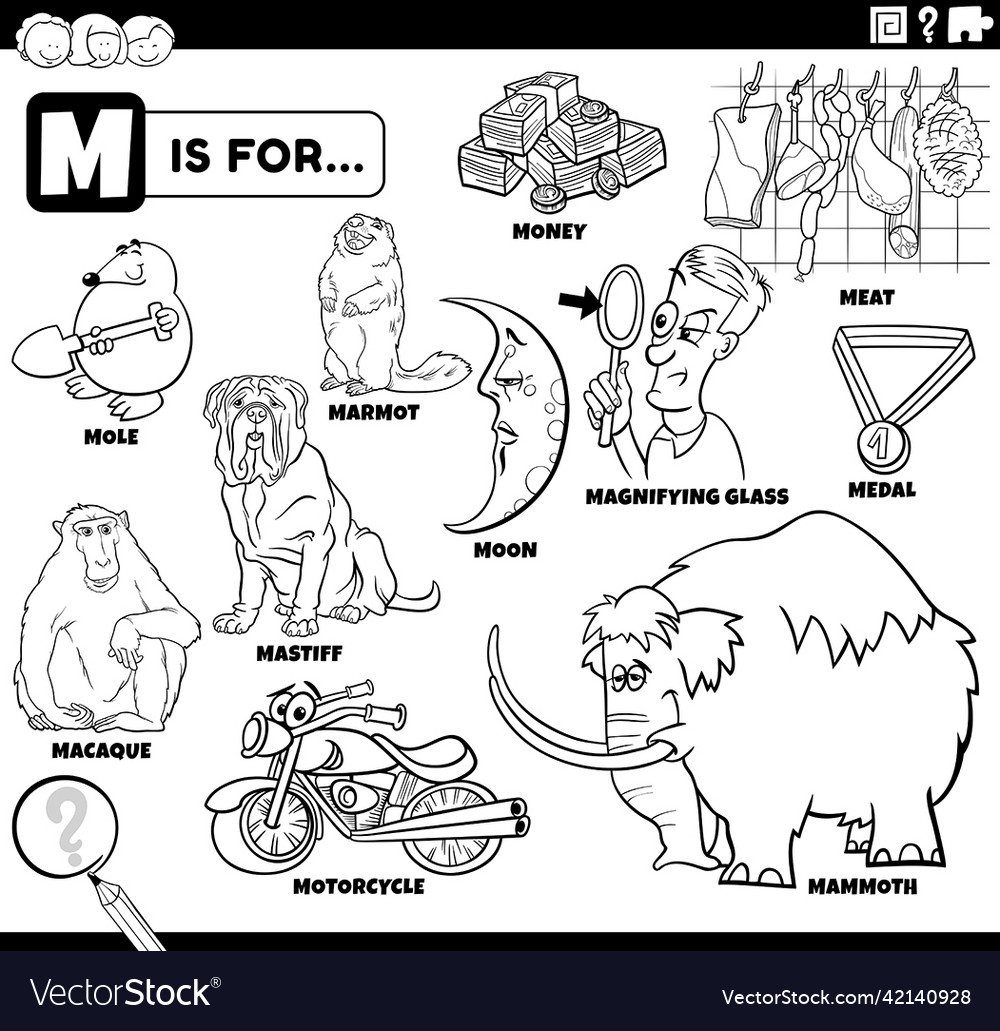 Letter m words educational set coloring book page Vector Image