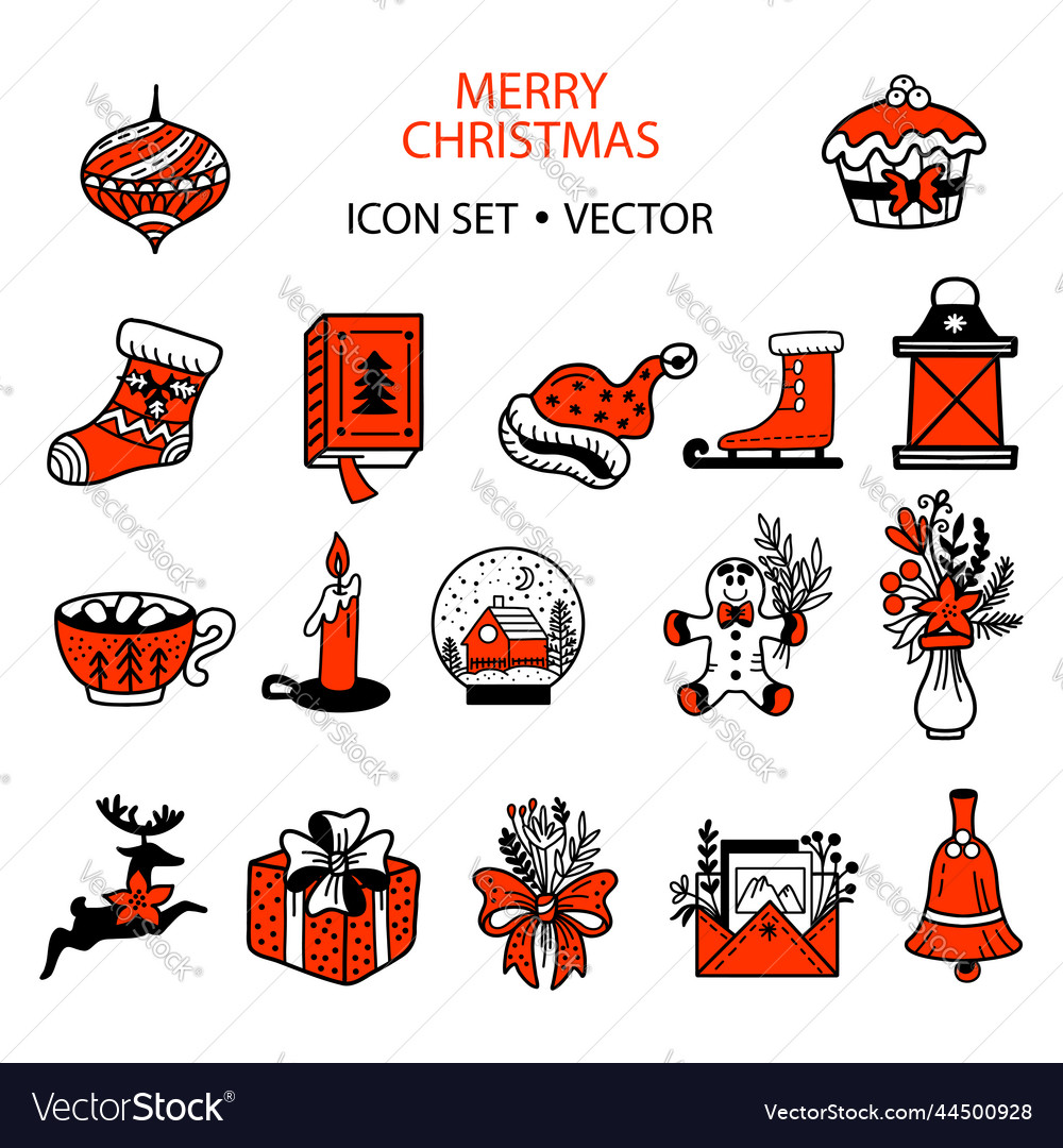 Set of black red and white christmas icons vector image Set of black red and white christmas icons