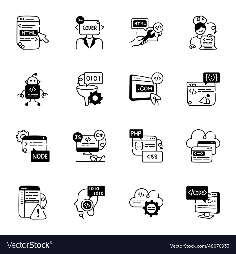 Bundle of programming hand drawn icons Royalty Free Vector