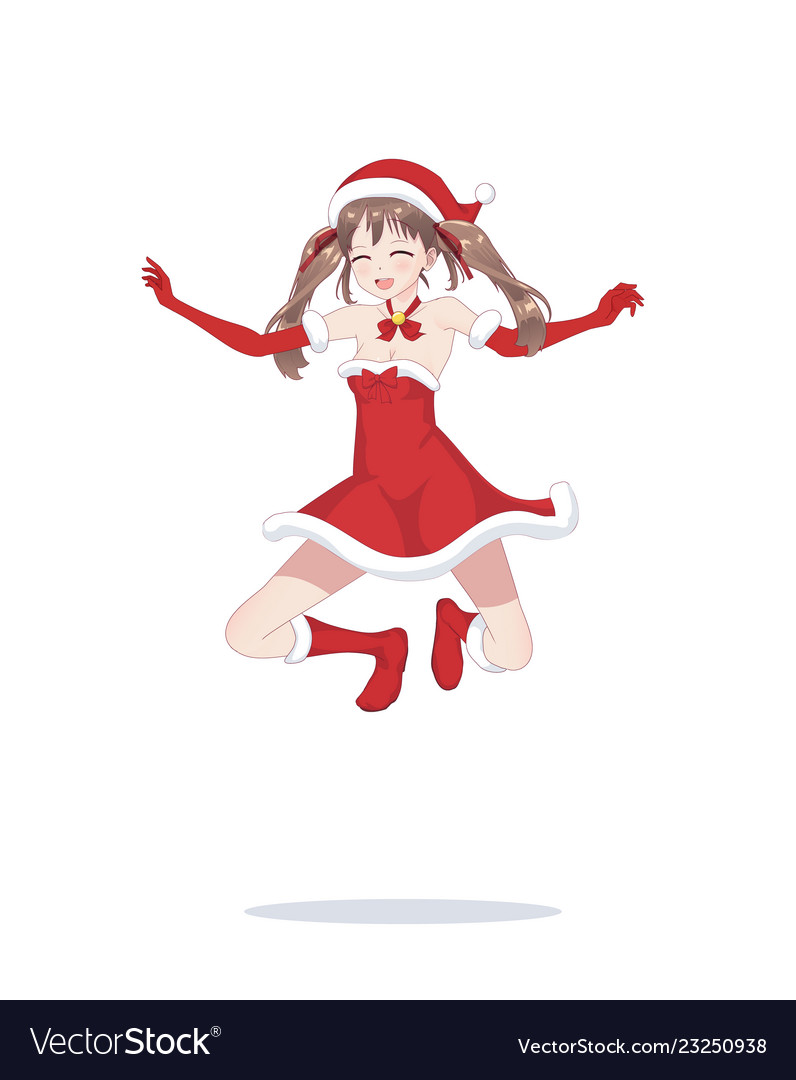 Joyful anime manga girl as santa claus in a jump