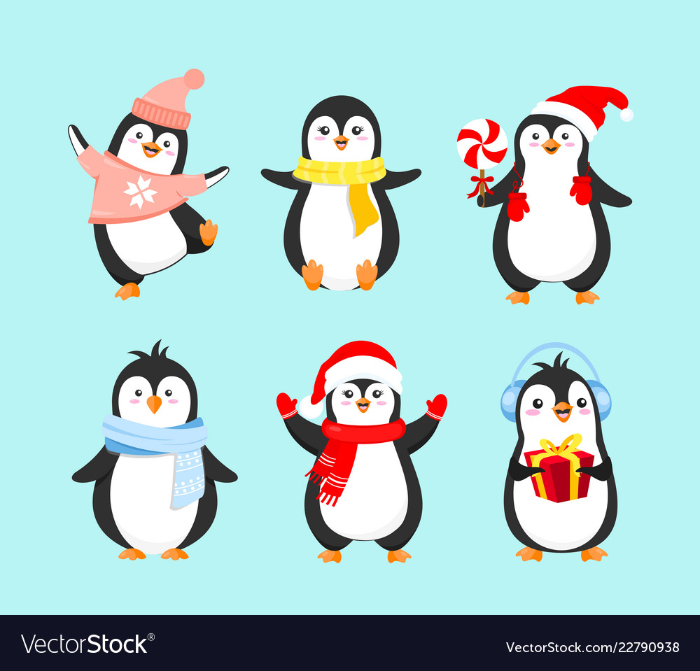 Set cute penguins in winter Royalty Free Vector Image