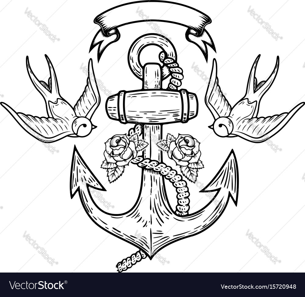 Anchor with swallows and roses tattoo design Vector Image