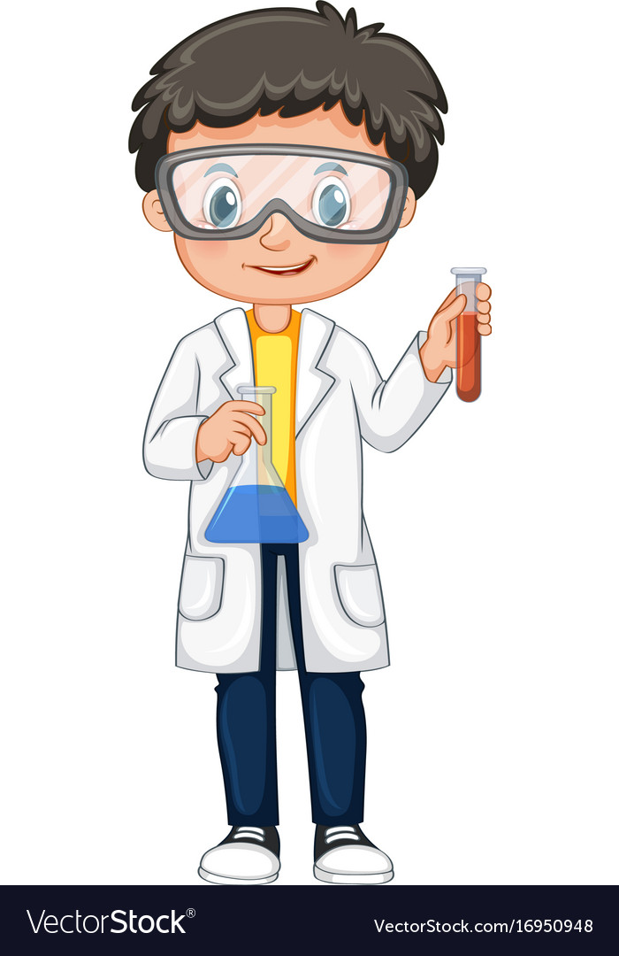 Boy in science gown holding beakers Royalty Free Vector