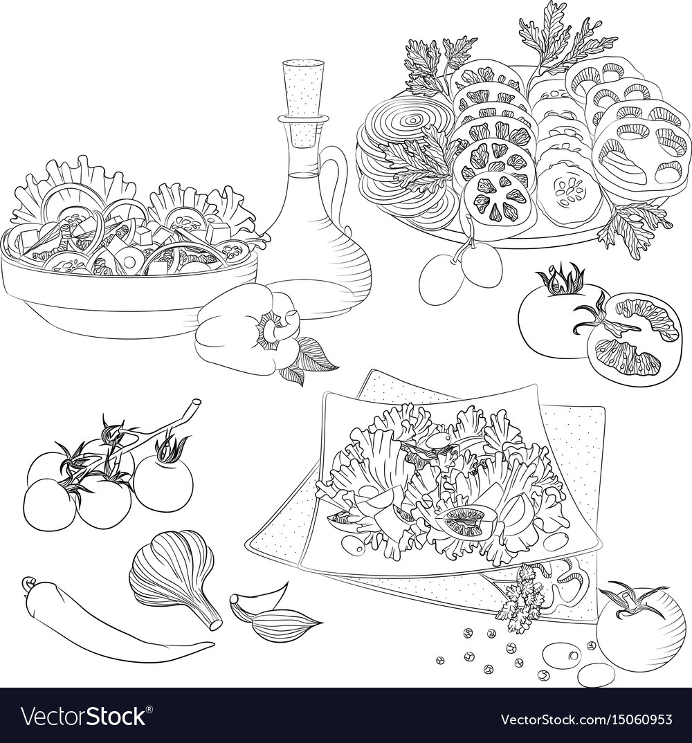 Line art various salads