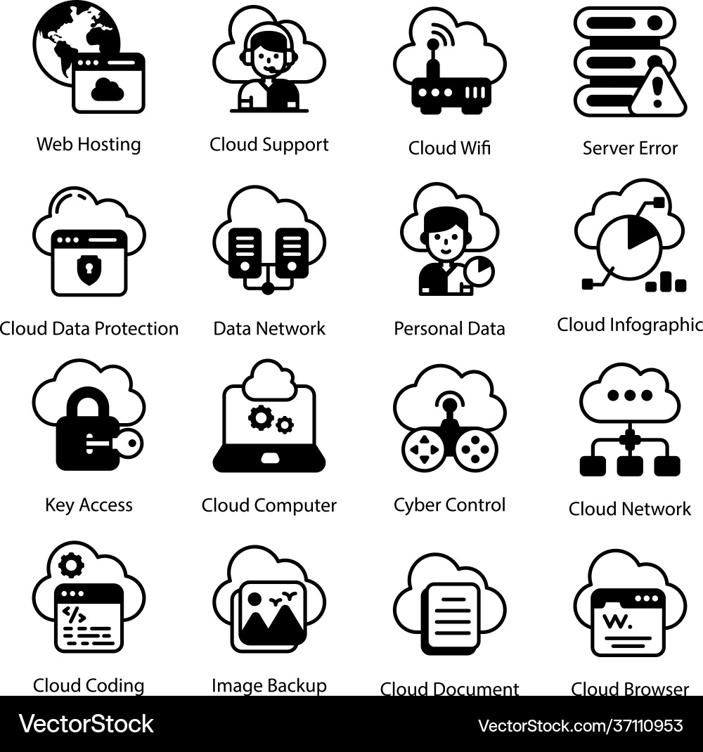 Pack cloud hosting solid icons Royalty Free Vector Image