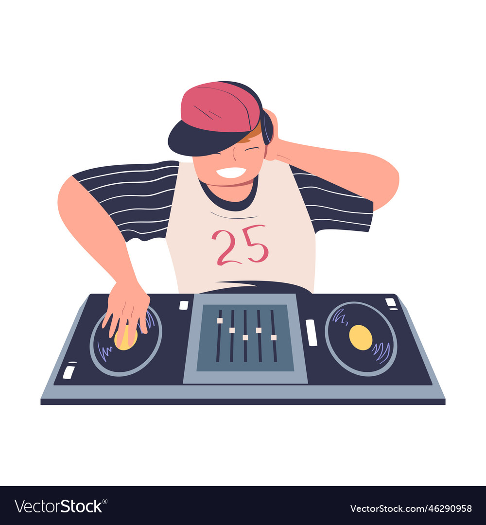 Cheerful man dj mixing modern music at console Vector Image