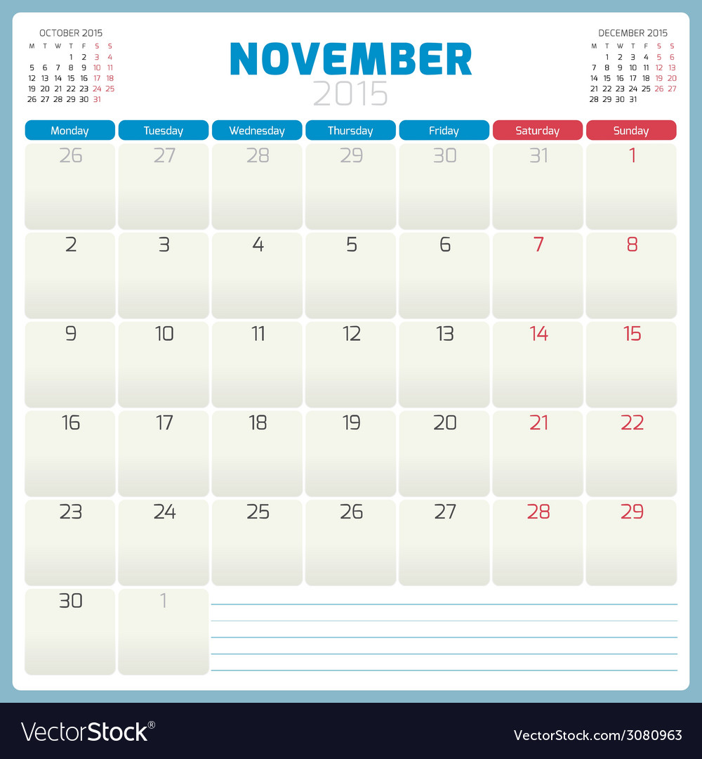 Calendar planner 2015 template week starts monday Vector Image