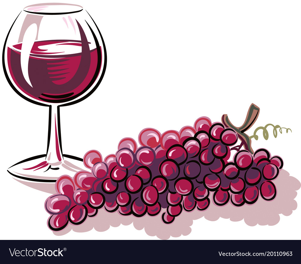 Glass of red wine and a bunch of ripe grapes Vector Image