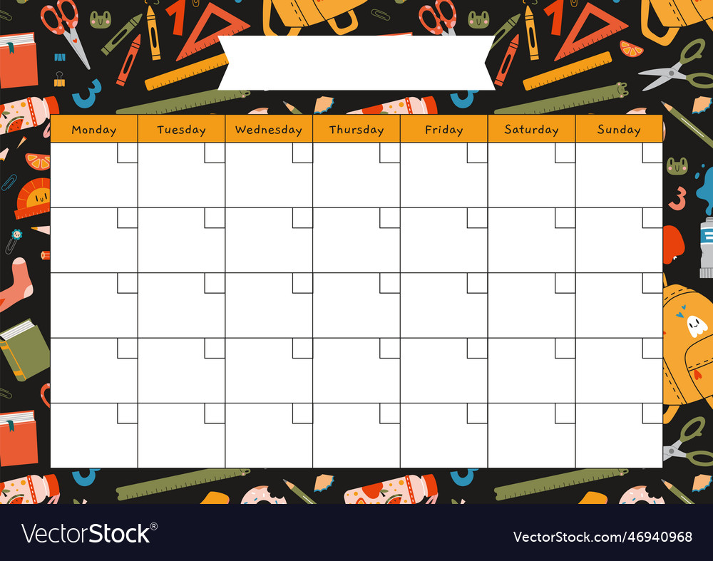 Cute monthly calendar template school stationery Vector Image
