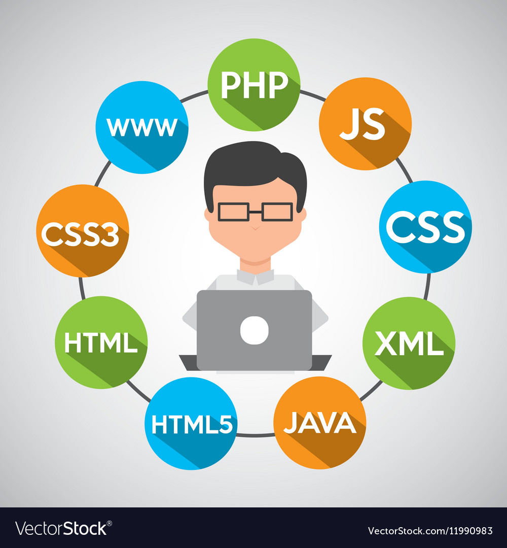 Programmer languages working laptop Royalty Free Vector