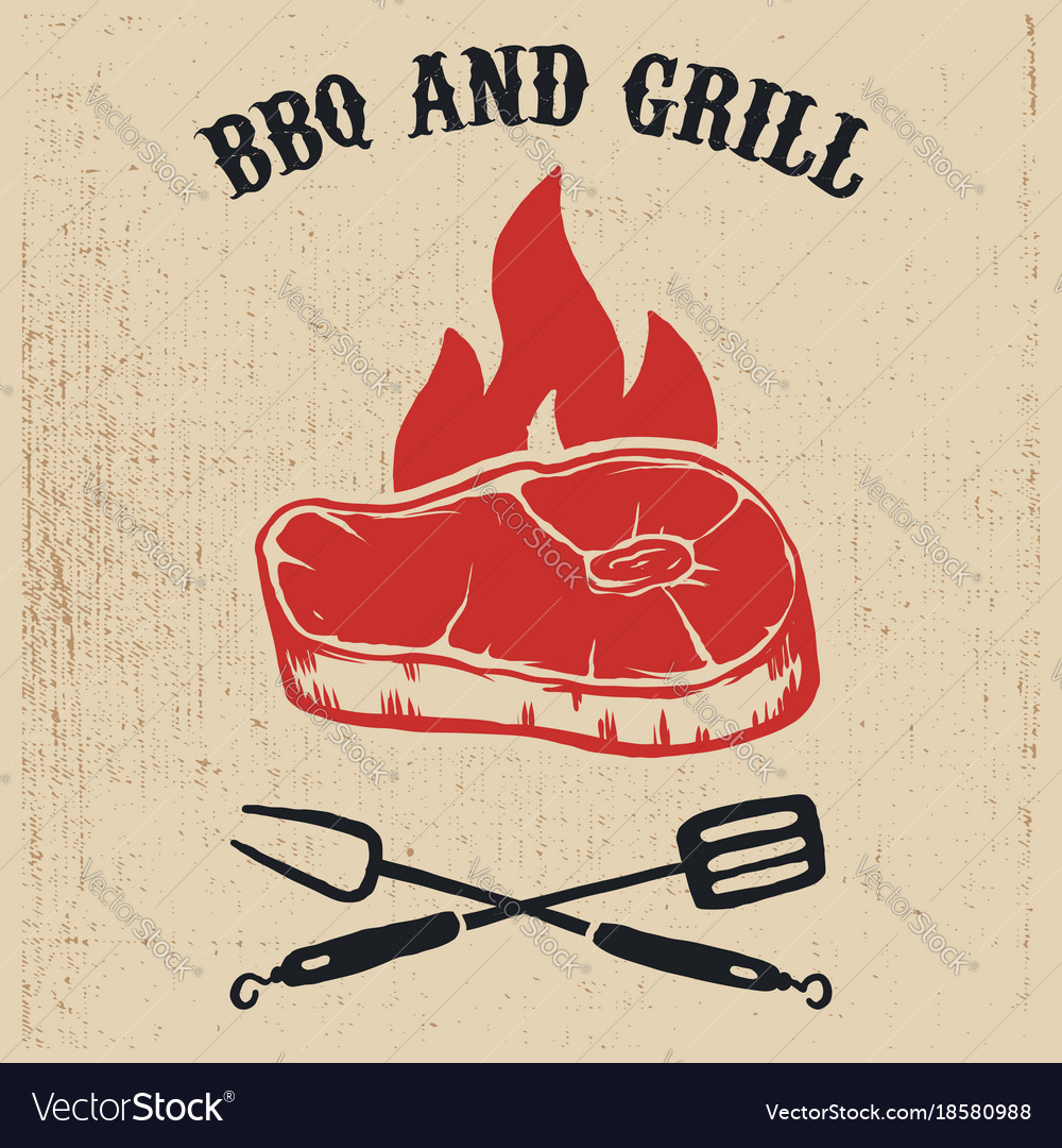 Bbq and grill poster with steak fire crossed fork Vector Image