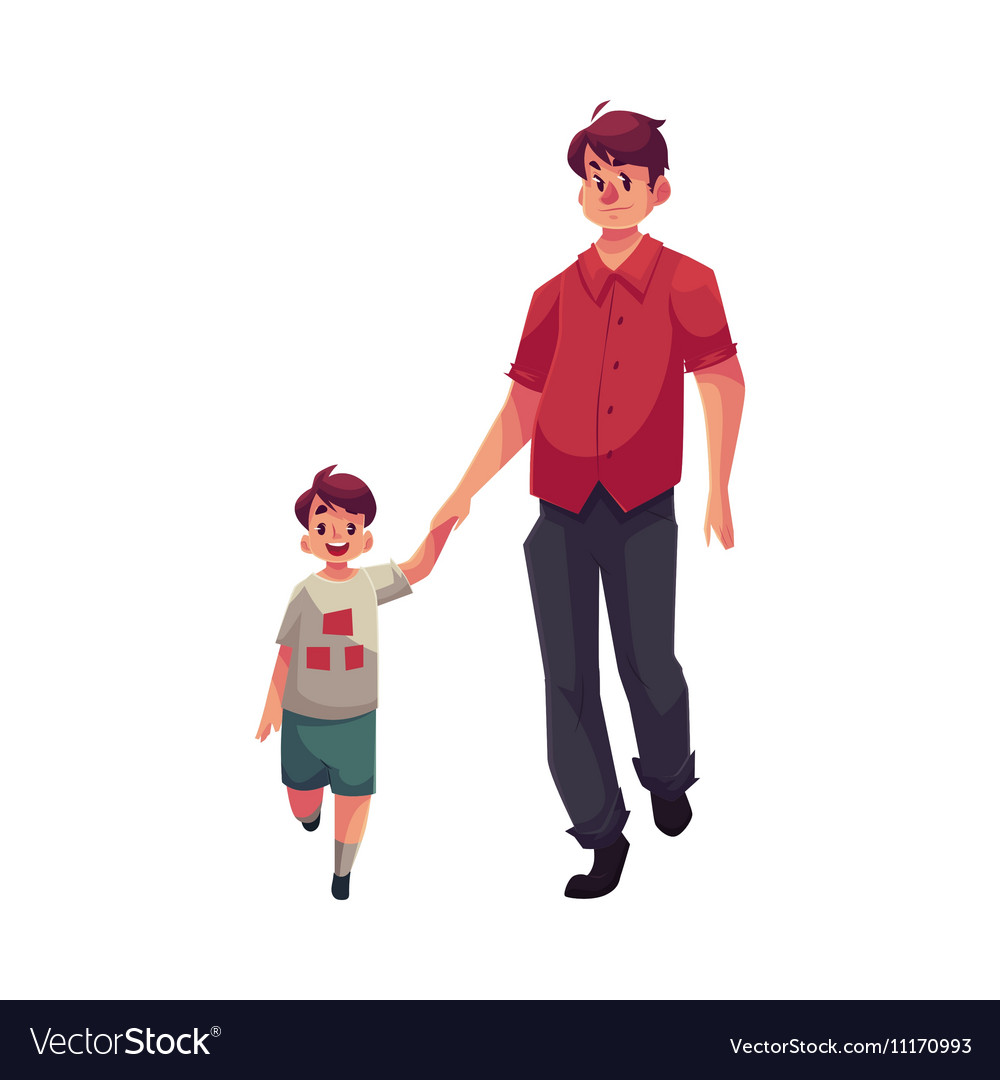 Young dad holding his little son hand and walking