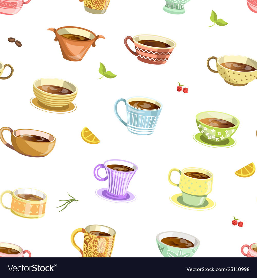 Coffee or tea poured in cup seamless pattern