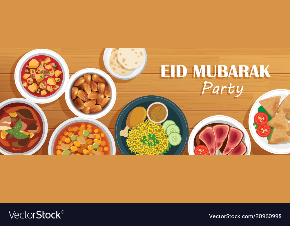 Eid Mubarak Party Cover And Banner With Food Vector Image