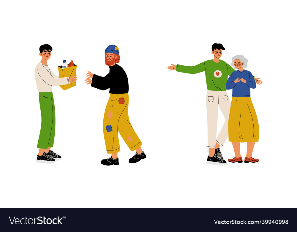 Man and woman volunteer giving food box donating Vector Image