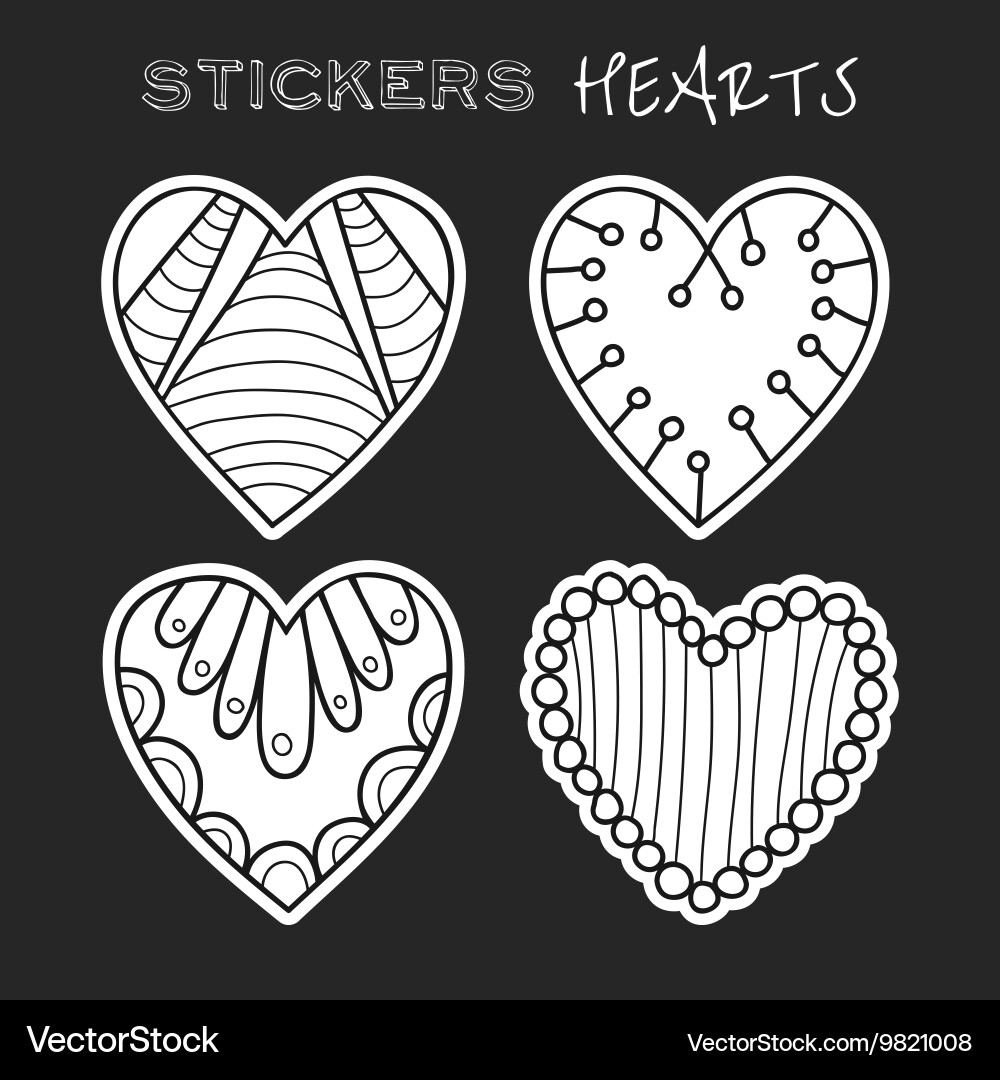 Decorative black and white hearts set stickers Vector Image