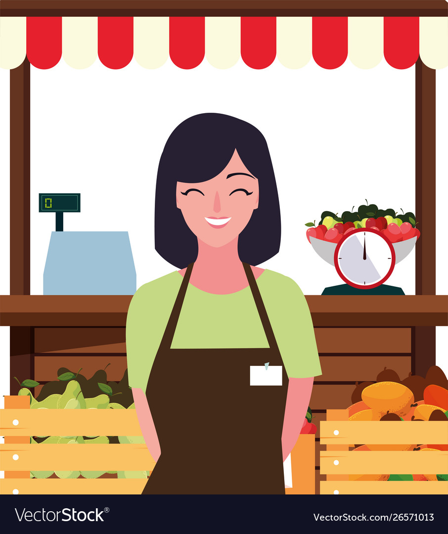 Seller woman farm products stand Royalty Free Vector Image