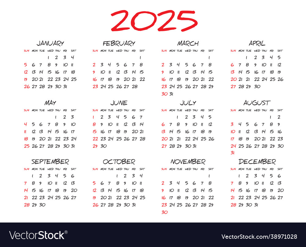 Monthly Calendar Template For 2025 Year Royalty Free Vector