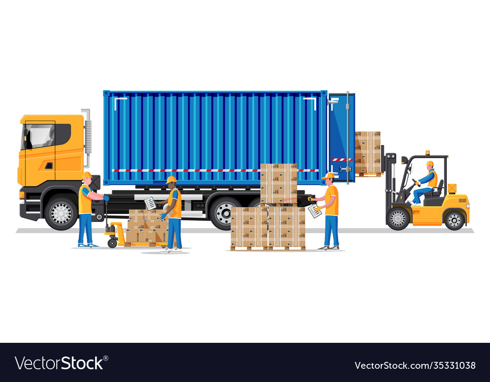 Forklift loading pallet boxes into lorry truck Vector Image