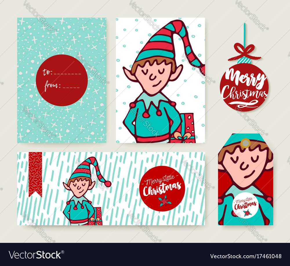 Christmas Holiday Card Template Cartoon Elf Set Vector Image On Vectorstock