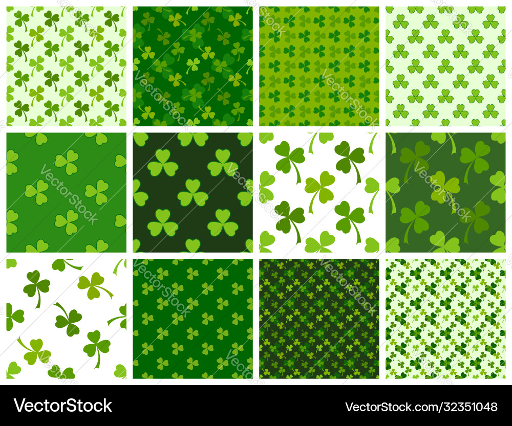 Green clover leaves seamless patterns set Vector Image