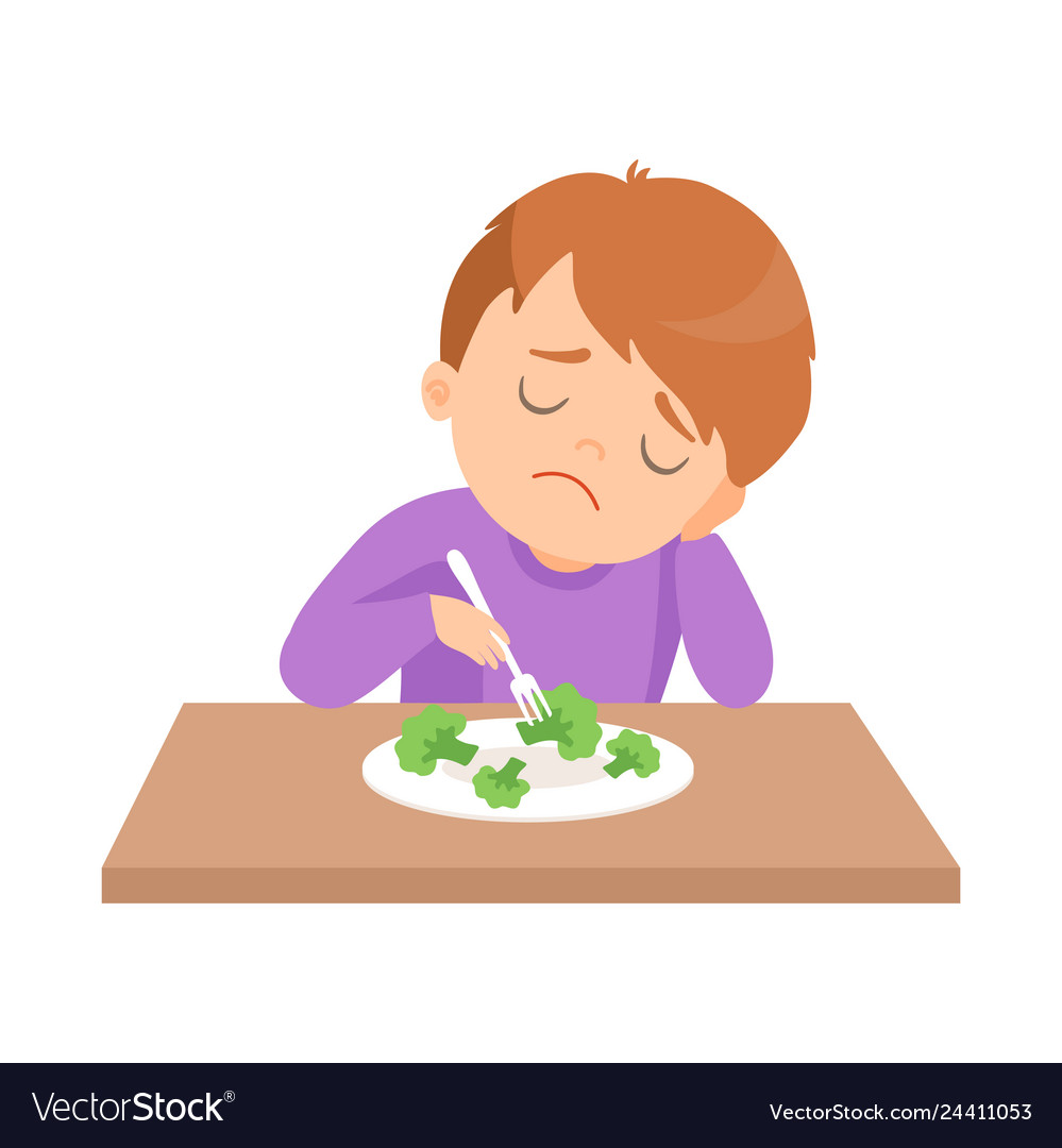 Cute boy does not want to eat broccoli kid does Vector Image