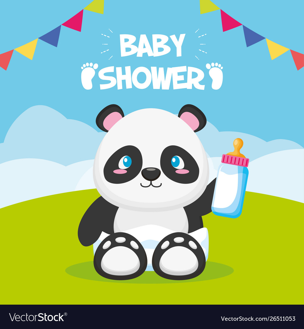 Panda with bottle toy baby shower card Royalty Free Vector Panda with bottle toy baby shower card Royalty Free Vector