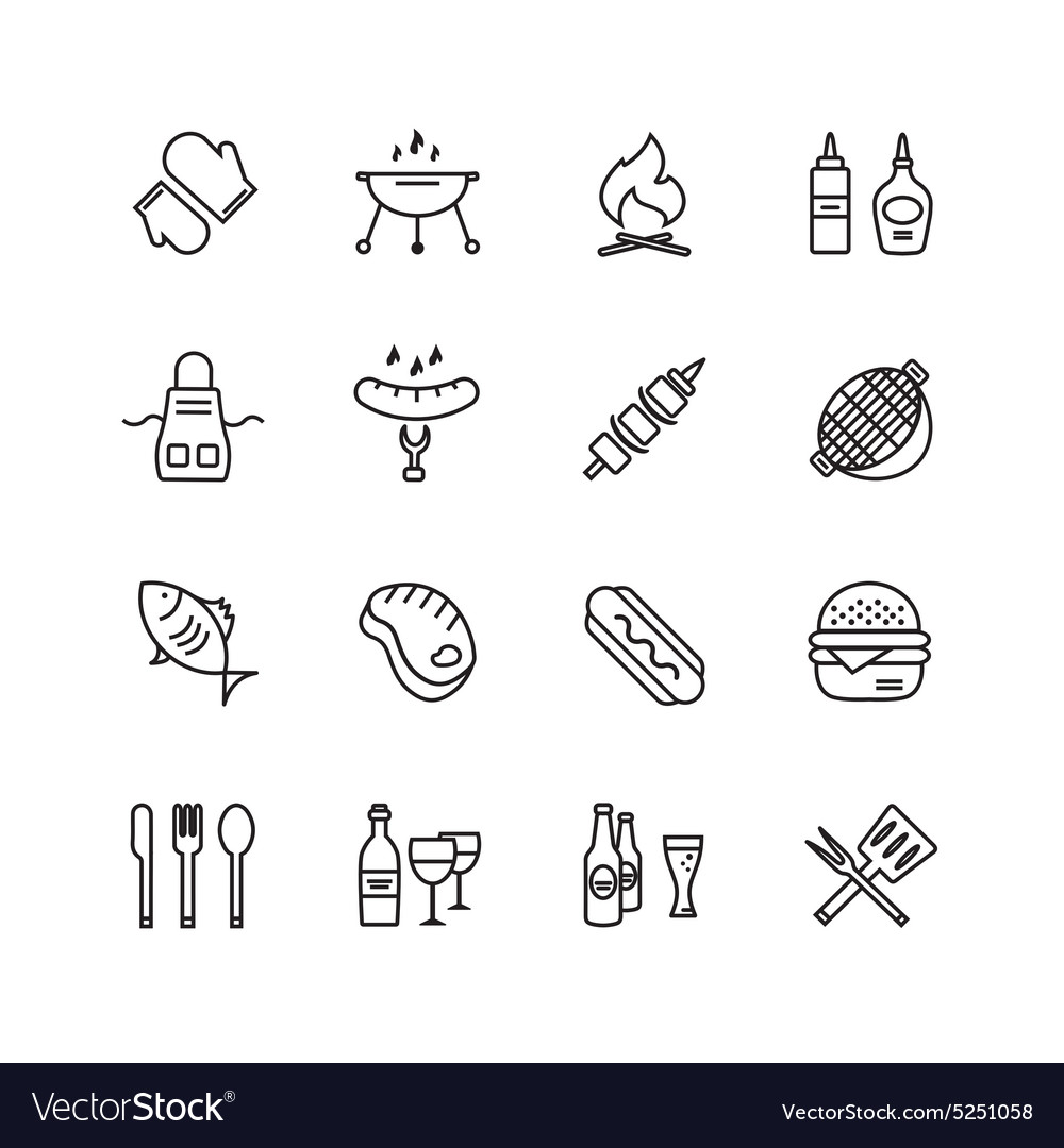 Bbq and food icons set outdoor kitchen