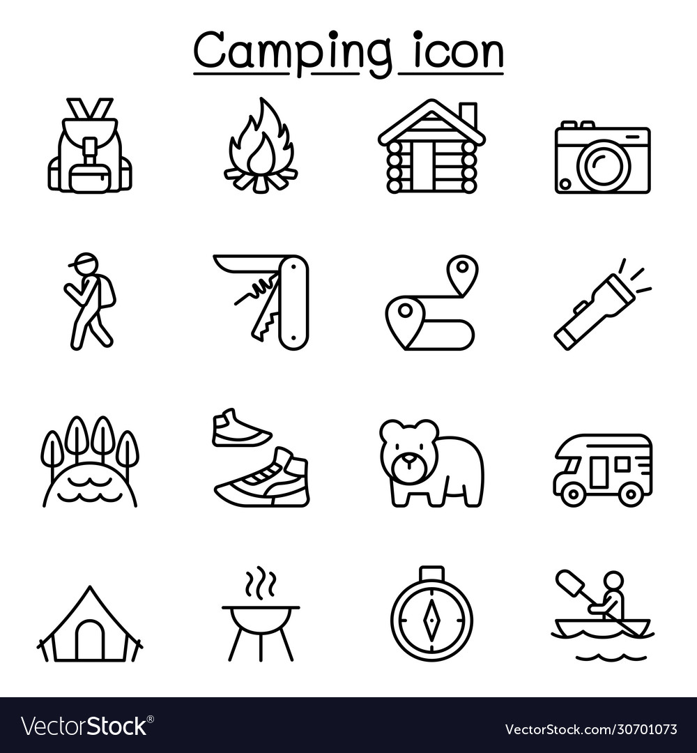 Camping icons set in thin line style Royalty Free Vector