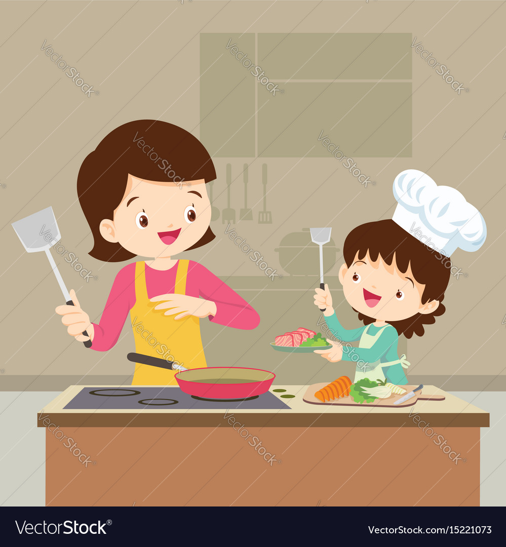 Daughter cooking with mam Royalty Free Vector Image