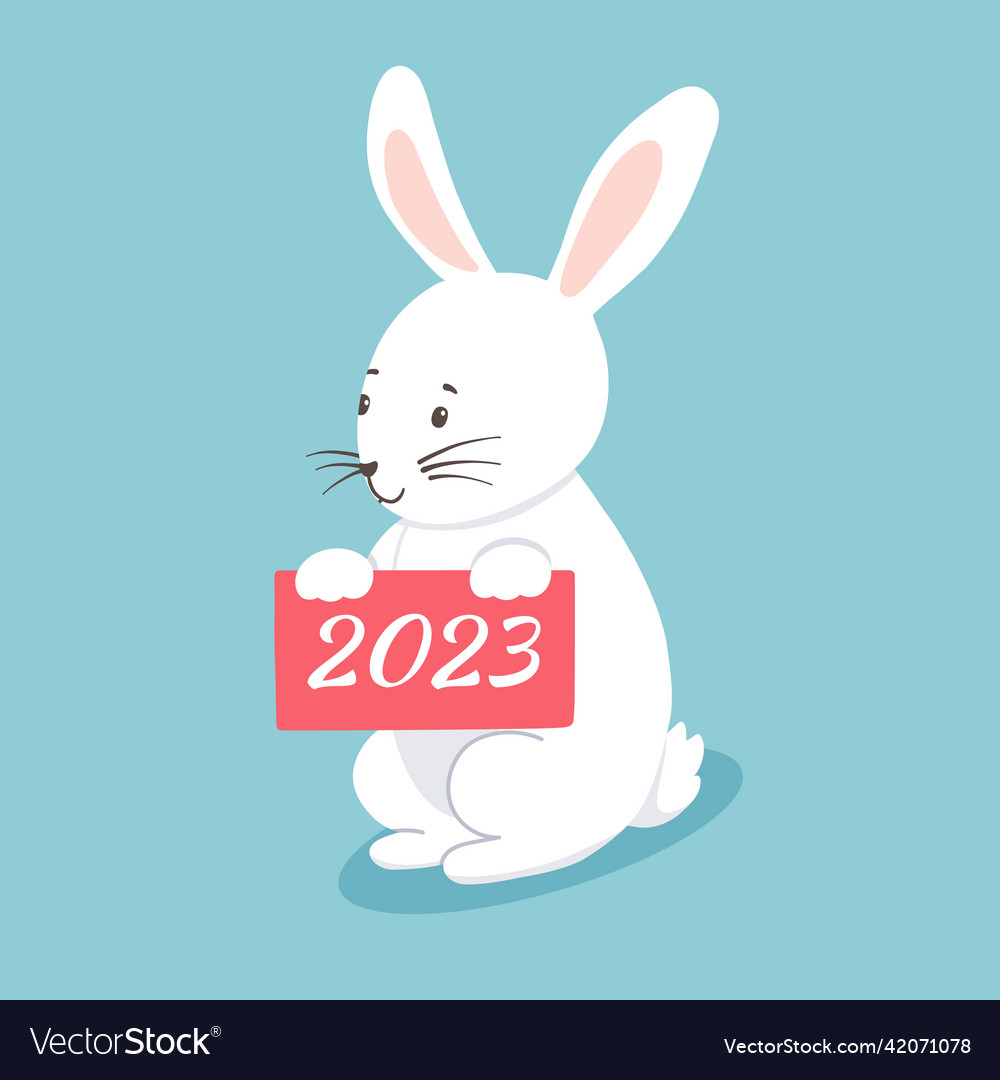 Cute character white bunny with tablet 2023 Vector Image