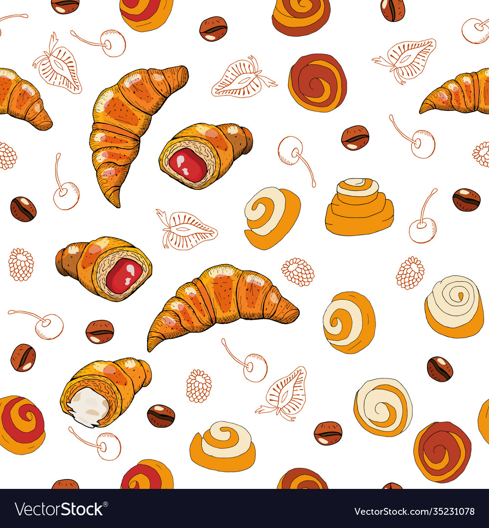 Hand drawn seamless pattern croissants berry Vector Image