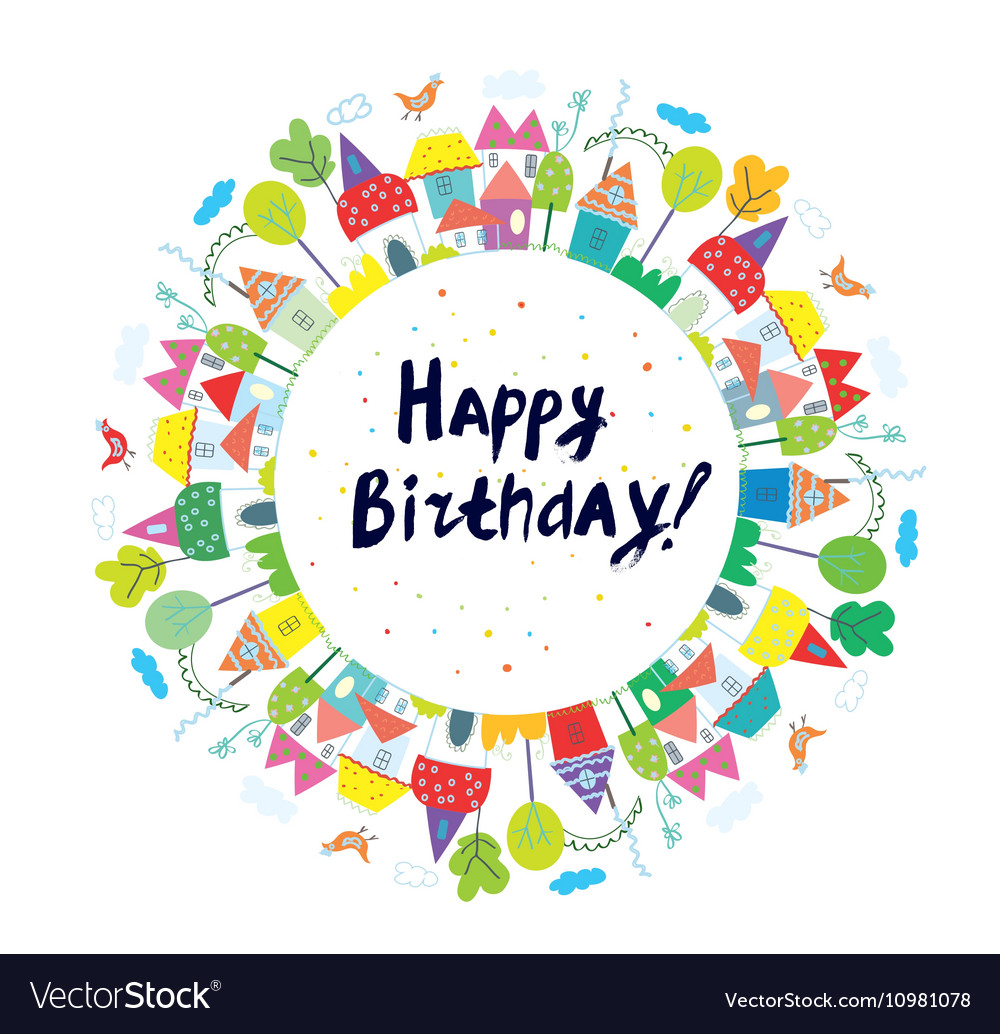 Happy Birthday Funny Card For Kids With Town Vector Image