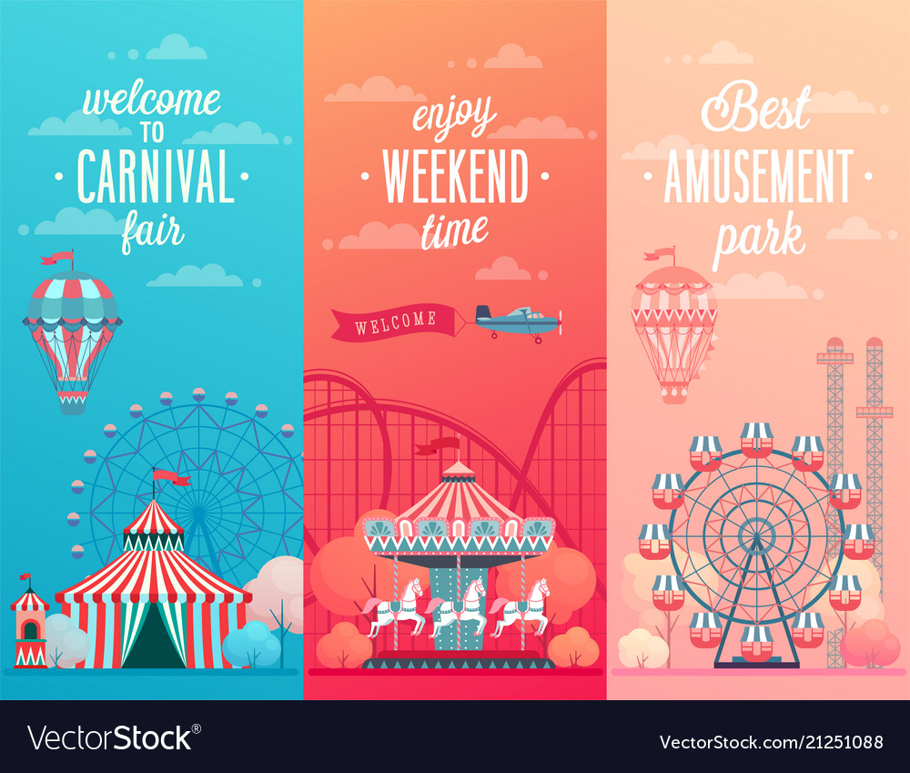 Set amusement park landscape banners Royalty Free Vector