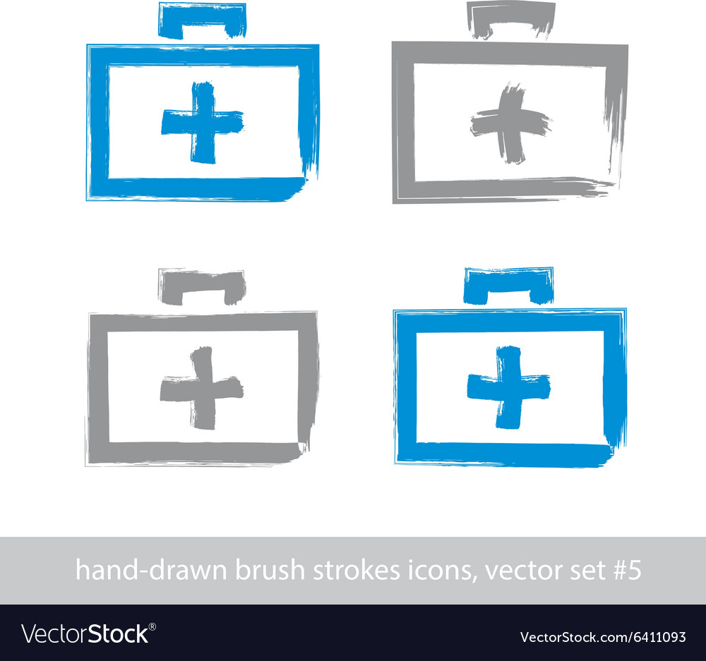 Set of brush drawing simple blue first aid kit