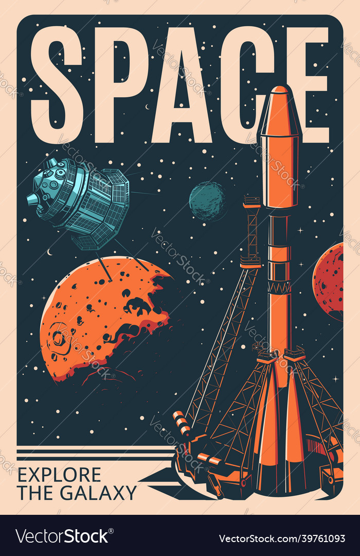 Spaceship launch retro poster rocket and shuttle Vector Image