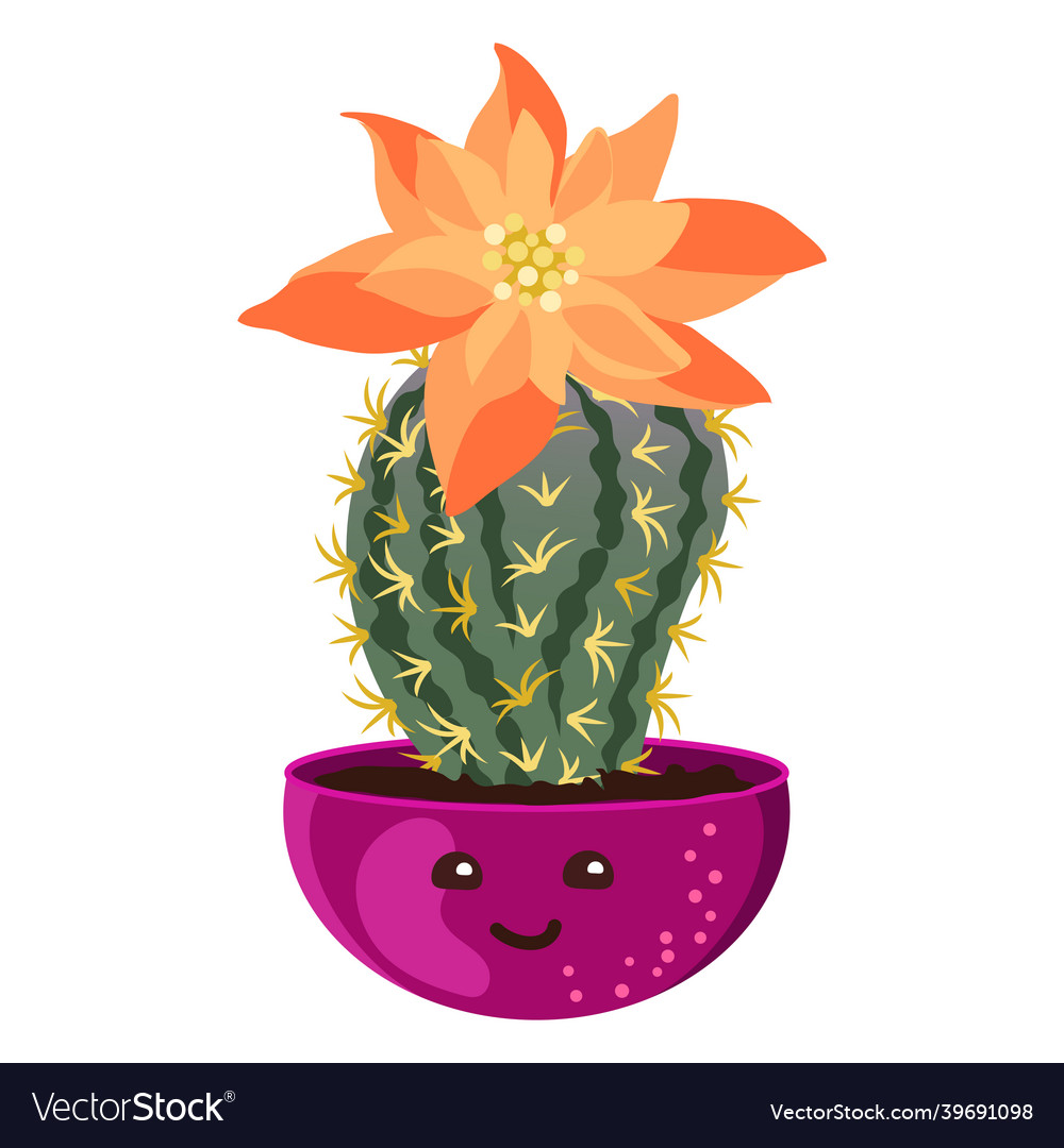 Cute kawaii cactus in pots cartoon style