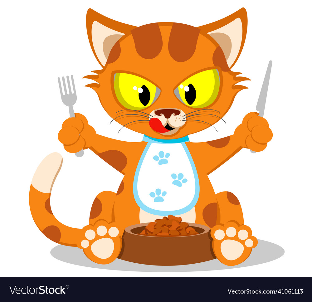 Cat is eating food from a bowl with a fork Vector Image