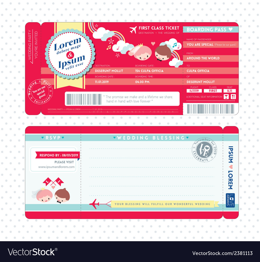 Cute Boarding Pass Ticket Wedding Invitation Card Vector Image 8211