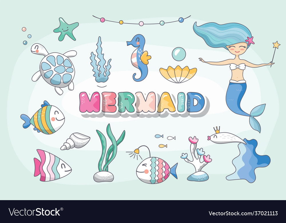 Cute Mermaid Sea Characters And Plants Set Vector Image 2669