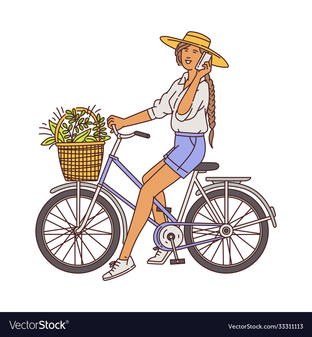 Girl on bike with basket full flowers sketch Vector Image