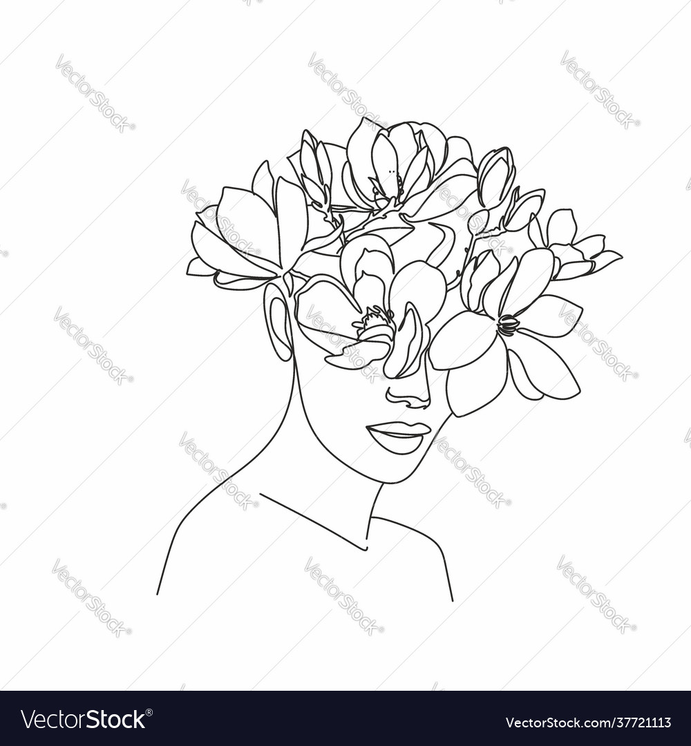 Line Art Woman With Flowers Head Flowers Vector Image 6909