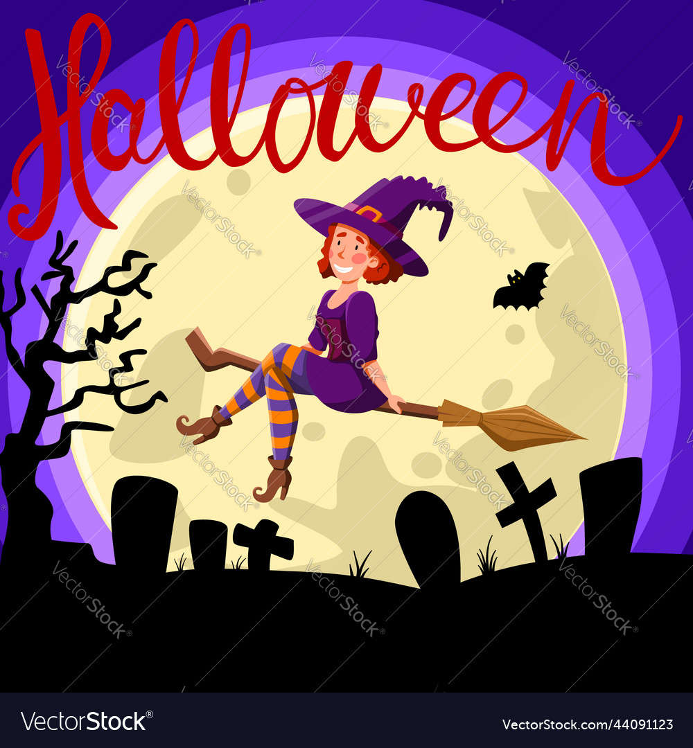 Cemetery background with a big moon the witch Vector Image